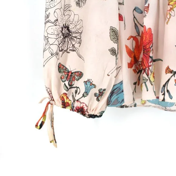 Rebecca Taylor 100%Silk Long Tie Sleeve Meadow Floral Top Pink Combo V-neck 2 - Picture 5 of 15